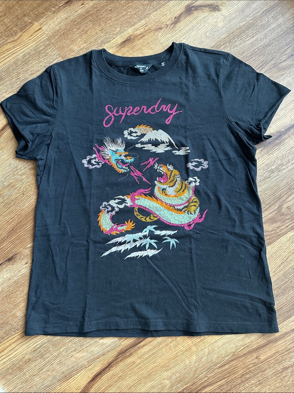 Superdry Black Tee with Multicolor Crystal embellished Dragon design
